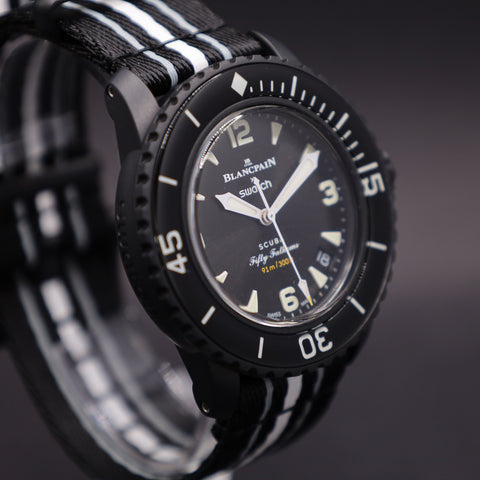 Swatch x Blancpain Ocean of Storms Automatikuhr Bioceramic Scuba Fifty Fathoms-Kollektion (zweiteiliges Band)